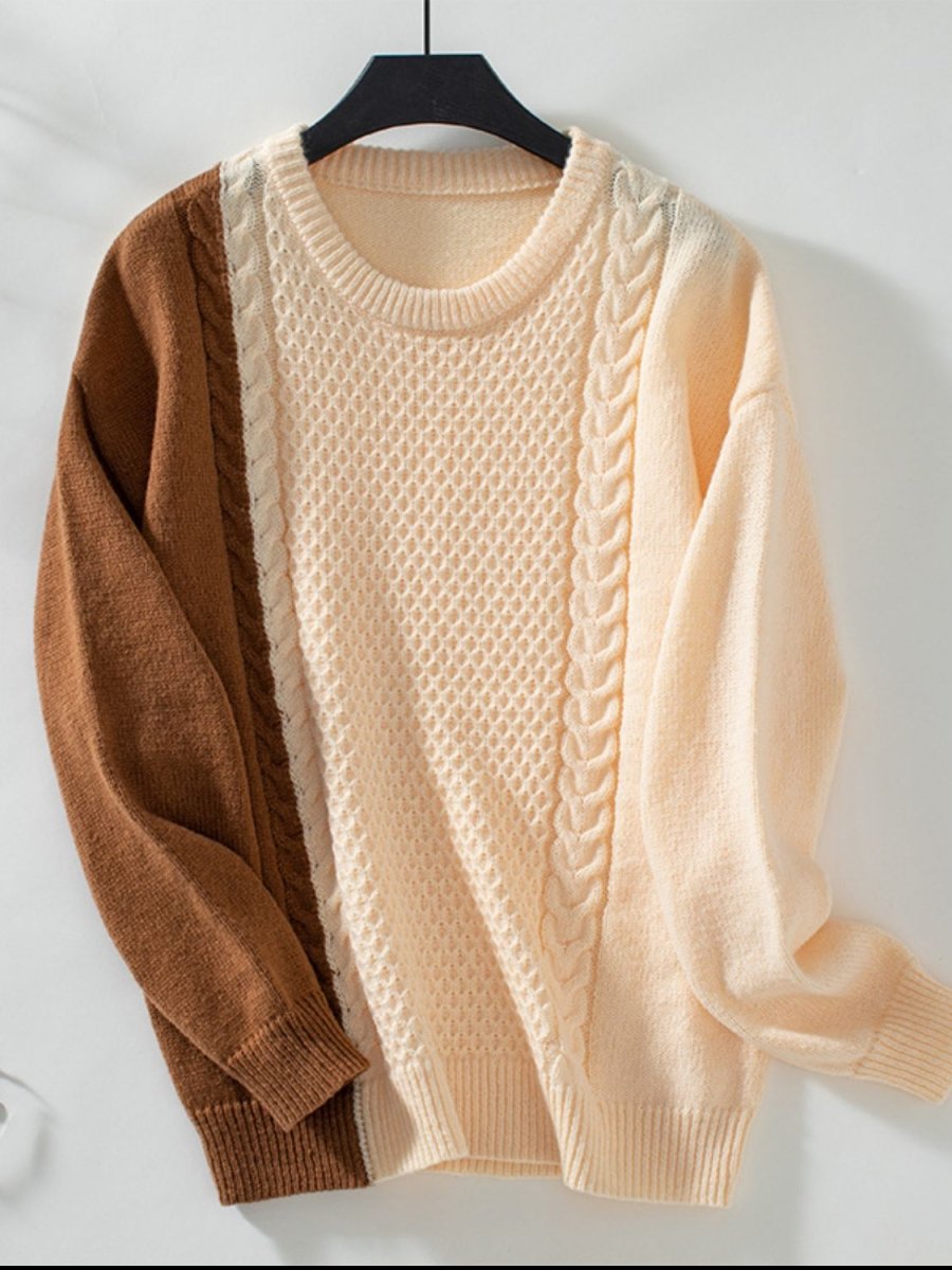 Two Tone Cable Knit Round Neck Long Sleeve Sweater - S. M. & Co.