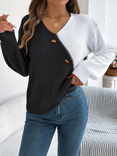 Two - Tone V - Neck Long Sleeve Sweater - S. M. & Co.