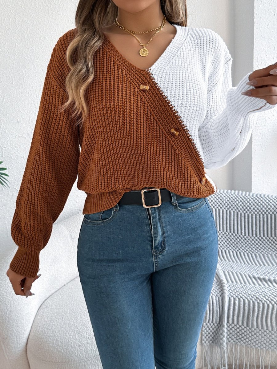 Two - Tone V - Neck Long Sleeve Sweater - S. M. & Co.