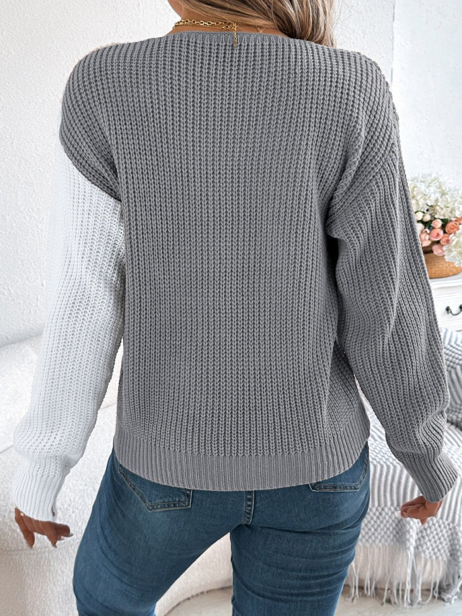 Two - Tone V - Neck Long Sleeve Sweater - S. M. & Co.