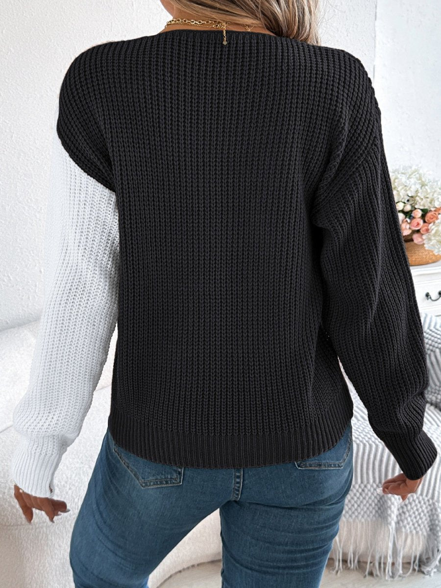 Two - Tone V - Neck Long Sleeve Sweater - S. M. & Co.