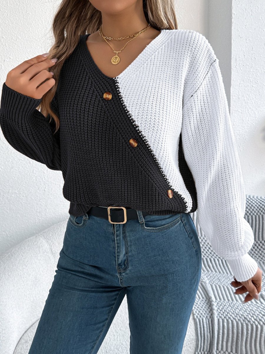 Two - Tone V - Neck Long Sleeve Sweater - S. M. & Co.