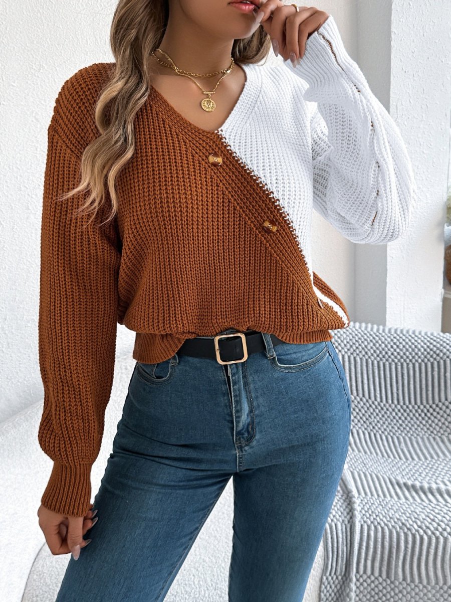 Two - Tone V - Neck Long Sleeve Sweater - S. M. & Co.