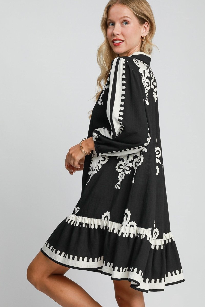 Umgee Border Print Button Down Ruffled Hem Dress - S. M. & Co.