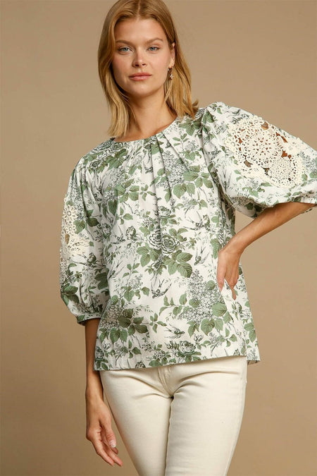 Umgee Floral Pleated Detail Lace Trim Sleeve Blouse - S. M. & Co.