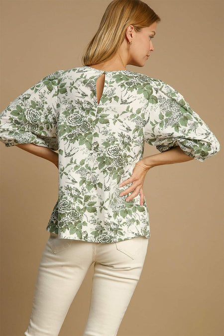 Umgee Floral Pleated Detail Lace Trim Sleeve Blouse - S. M. & Co.