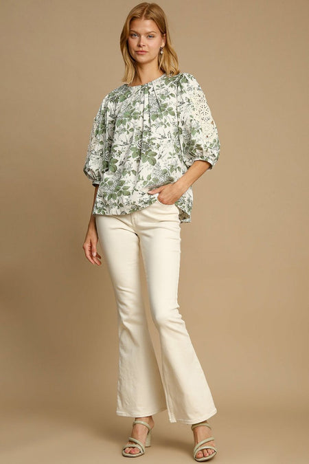 Umgee Floral Pleated Detail Lace Trim Sleeve Blouse - S. M. & Co.