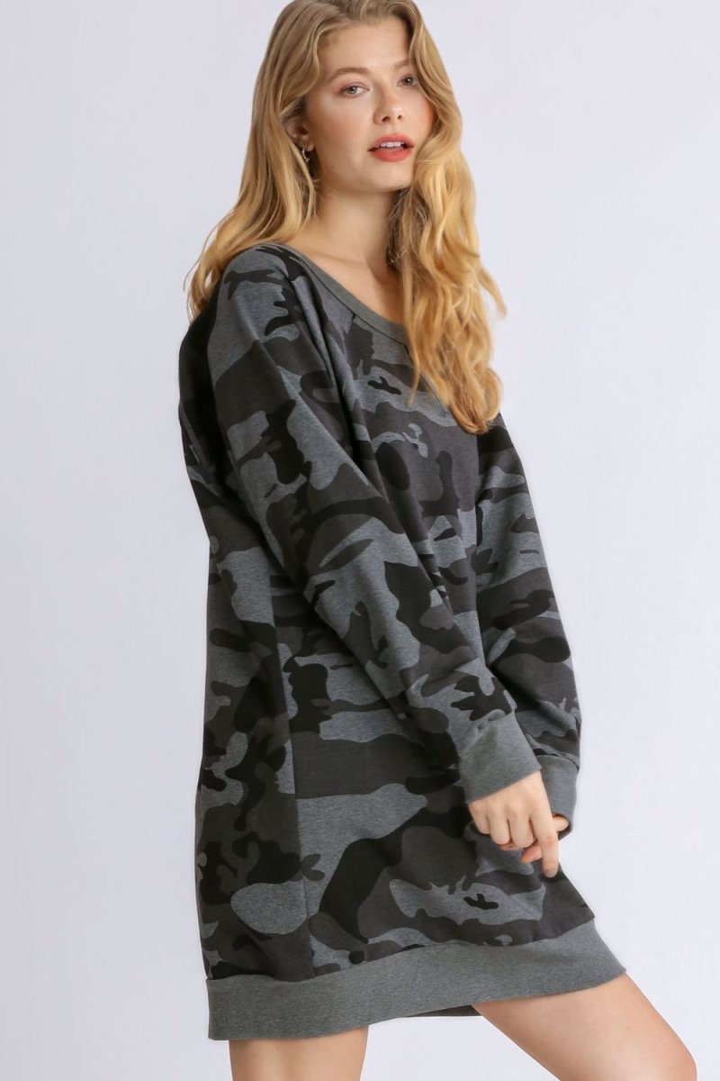 Umgee Full Size Camo Print Ribbed Hem French Terry Mini Dress Plus Size - S. M. & Co.