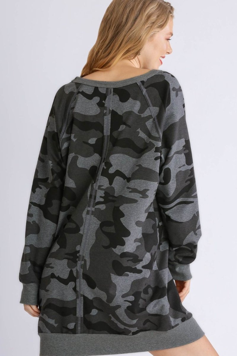Umgee Full Size Camo Print Ribbed Hem French Terry Mini Dress Plus Size - S. M. & Co.