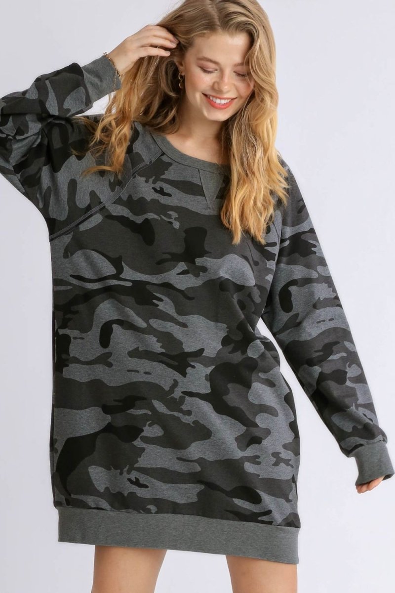 Umgee Full Size Camo Print Ribbed Hem French Terry Mini Dress Plus Size - S. M. & Co.