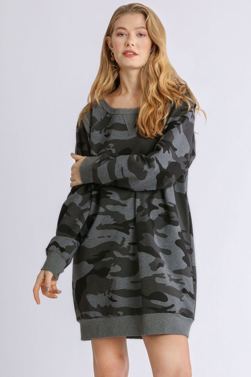 Umgee Full Size Camo Print Ribbed Hem French Terry Mini Dress Plus Size - S. M. & Co.