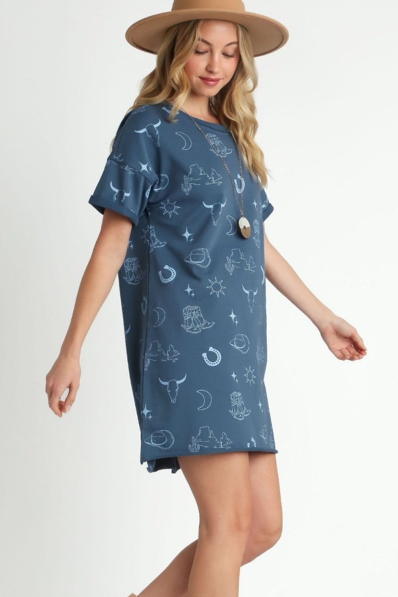 Umgee Full Size French Terry Short Sleeve Round Neck Dress Plus Size - S. M. & Co.