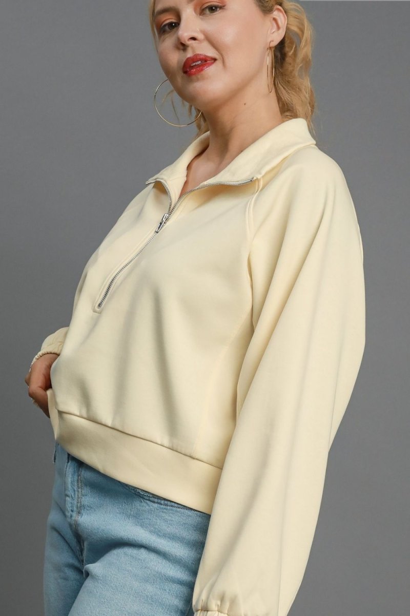 Umgee Full Size Half Zip Cropped Sweatshirt Plus Size - S. M. & Co.