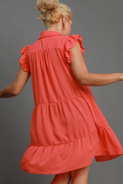 Umgee Full Size Johnny Collar Ruffle Cap Sleeve Tiered Dress Plus Size - S. M. & Co.