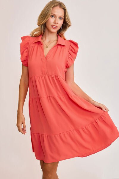 Umgee Full Size Johnny Collar Ruffle Cap Sleeve Tiered Dress Plus Size - S. M. & Co.