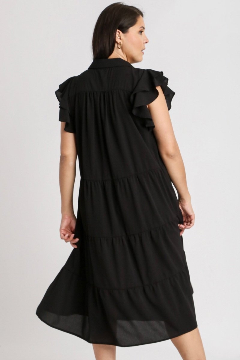 Umgee Full Size Johnny Collar Ruffle Cap Sleeve Tiered Dress Plus Size - S. M. & Co.