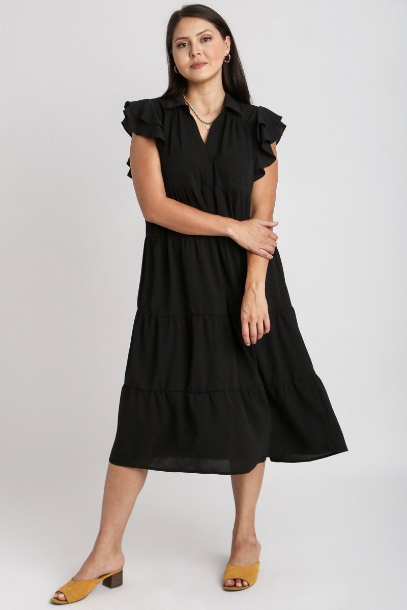 Umgee Full Size Johnny Collar Ruffle Cap Sleeve Tiered Dress Plus Size - S. M. & Co.