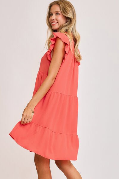 Umgee Full Size Johnny Collar Ruffle Cap Sleeve Tiered Dress Plus Size - S. M. & Co.