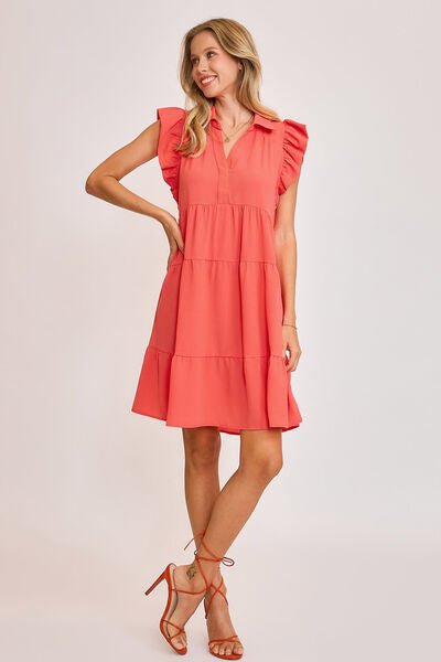 Umgee Full Size Johnny Collar Ruffle Cap Sleeve Tiered Dress Plus Size - S. M. & Co.