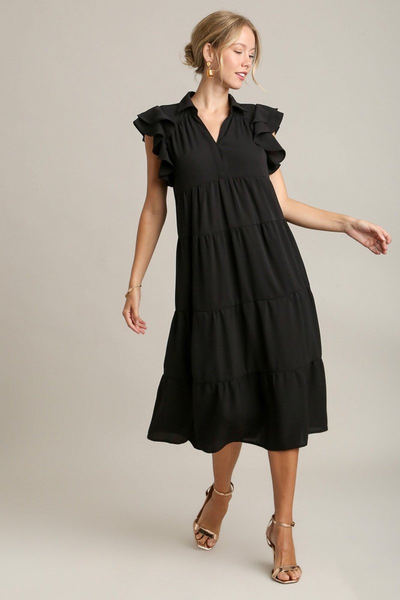 Umgee Full Size Johnny Collar Ruffle Cap Sleeve Tiered Dress Plus Size - S. M. & Co.