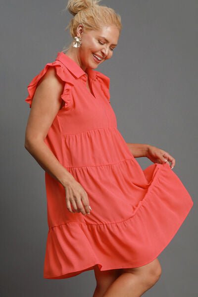 Umgee Full Size Johnny Collar Ruffle Cap Sleeve Tiered Dress Plus Size - S. M. & Co.