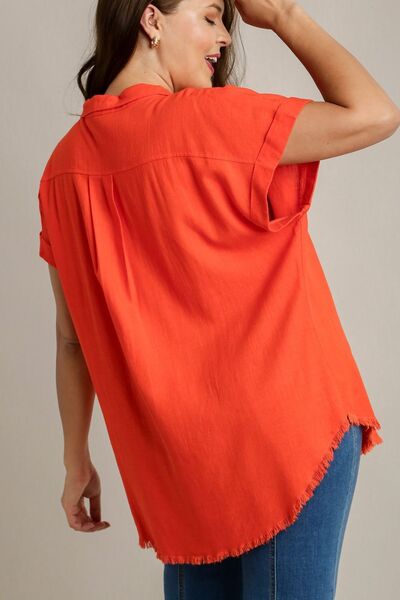 Umgee Full Size Linen Blend Button Down Short Folded Sleeve Shirt Plus Size - S. M. & Co.