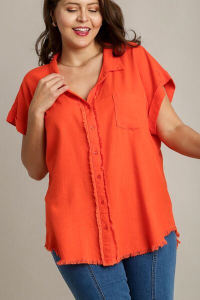 Umgee Full Size Linen Blend Button Down Short Folded Sleeve Shirt Plus Size - S. M. & Co.