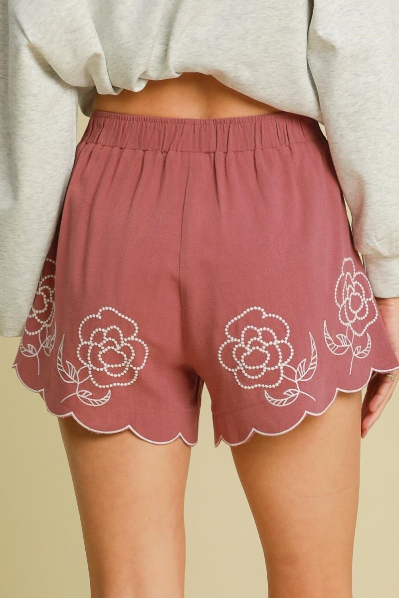 Umgee Full Size Linen Blend Shorts with Floral Embroidered Details Plus Size - S. M. & Co.