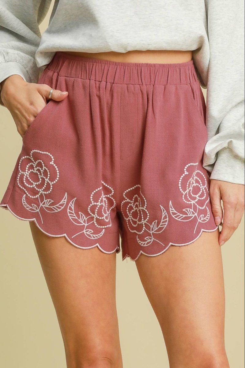 Umgee Full Size Linen Blend Shorts with Floral Embroidered Details Plus Size - S. M. & Co.