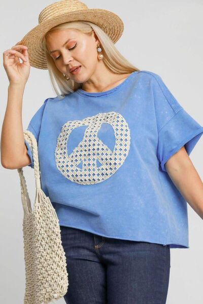 Umgee Full Size Mineral Wash T-Shirt with Lace Applique Plus Size - S. M. & Co.