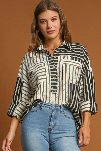 Umgee Full Size Pointelle Stripped Half Button Collared Neck Top Plus Size - S. M. & Co.