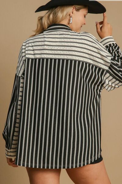 Umgee Full Size Pointelle Stripped Half Button Collared Neck Top Plus Size - S. M. & Co.