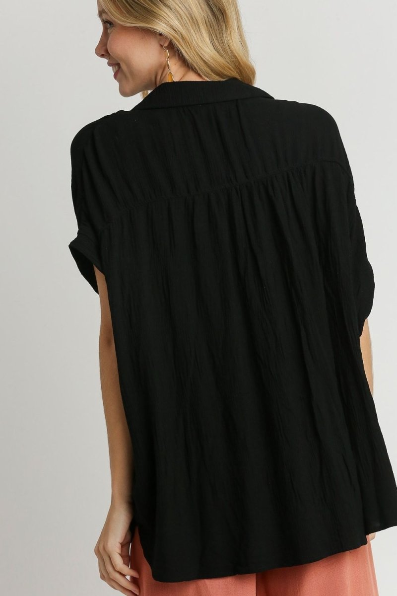 Umgee Full Size Textured Button Down Short Sleeve Shirt Plus Size - S. M. & Co.