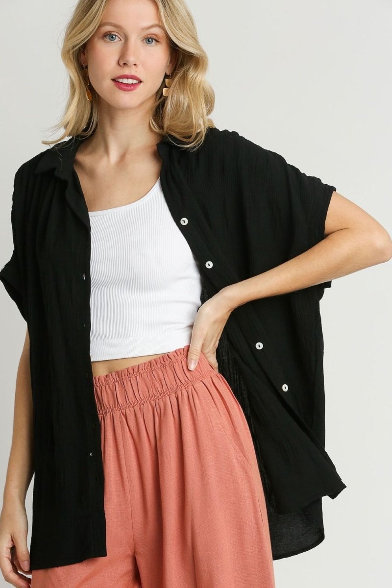 Umgee Full Size Textured Button Down Short Sleeve Shirt Plus Size - S. M. & Co.