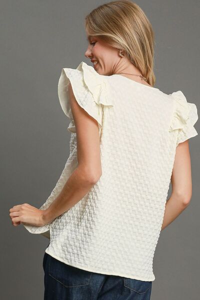 Umgee Full Size Textured Jacquard V - Neck Ruffle Cap Sleeve Blouse Plus Size - S. M. & Co.