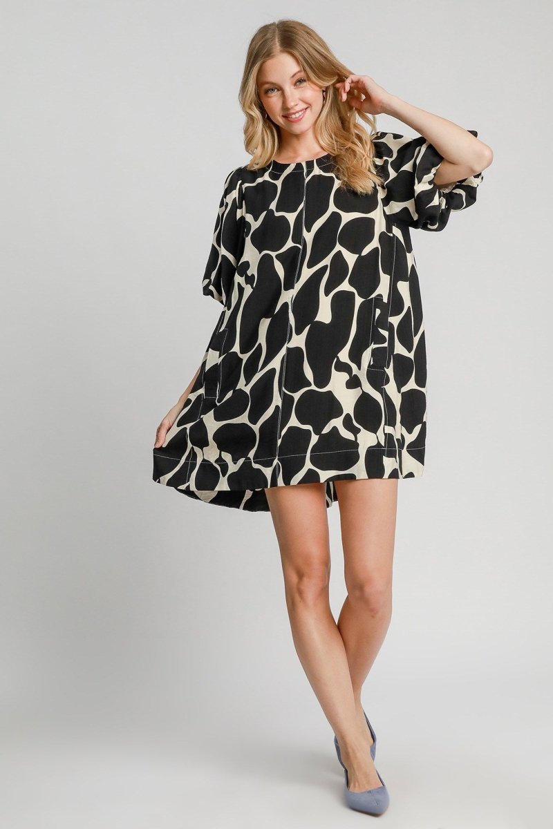 Umgee Full Size Two Tone Abstract Print Puff Sleeve Dress Plus Size - S. M. & Co.