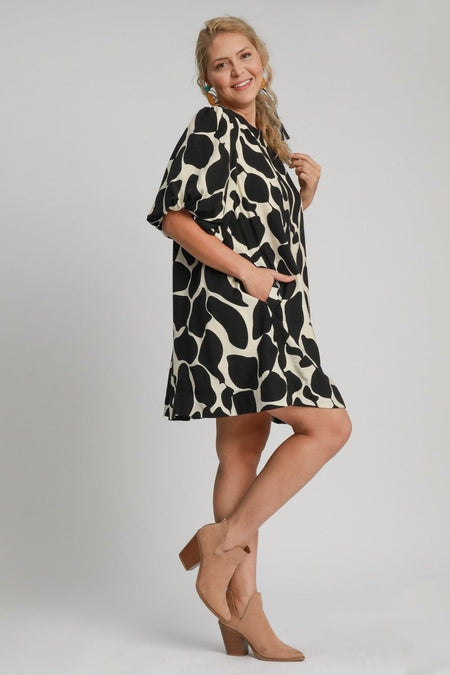 Umgee Full Size Two Tone Abstract Print Puff Sleeve Dress Plus Size - S. M. & Co.