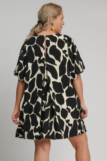 Umgee Full Size Two Tone Abstract Print Puff Sleeve Dress Plus Size - S. M. & Co.