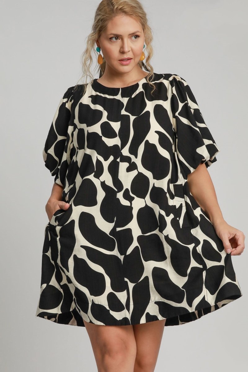 Umgee Full Size Two Tone Abstract Print Puff Sleeve Dress Plus Size - S. M. & Co.