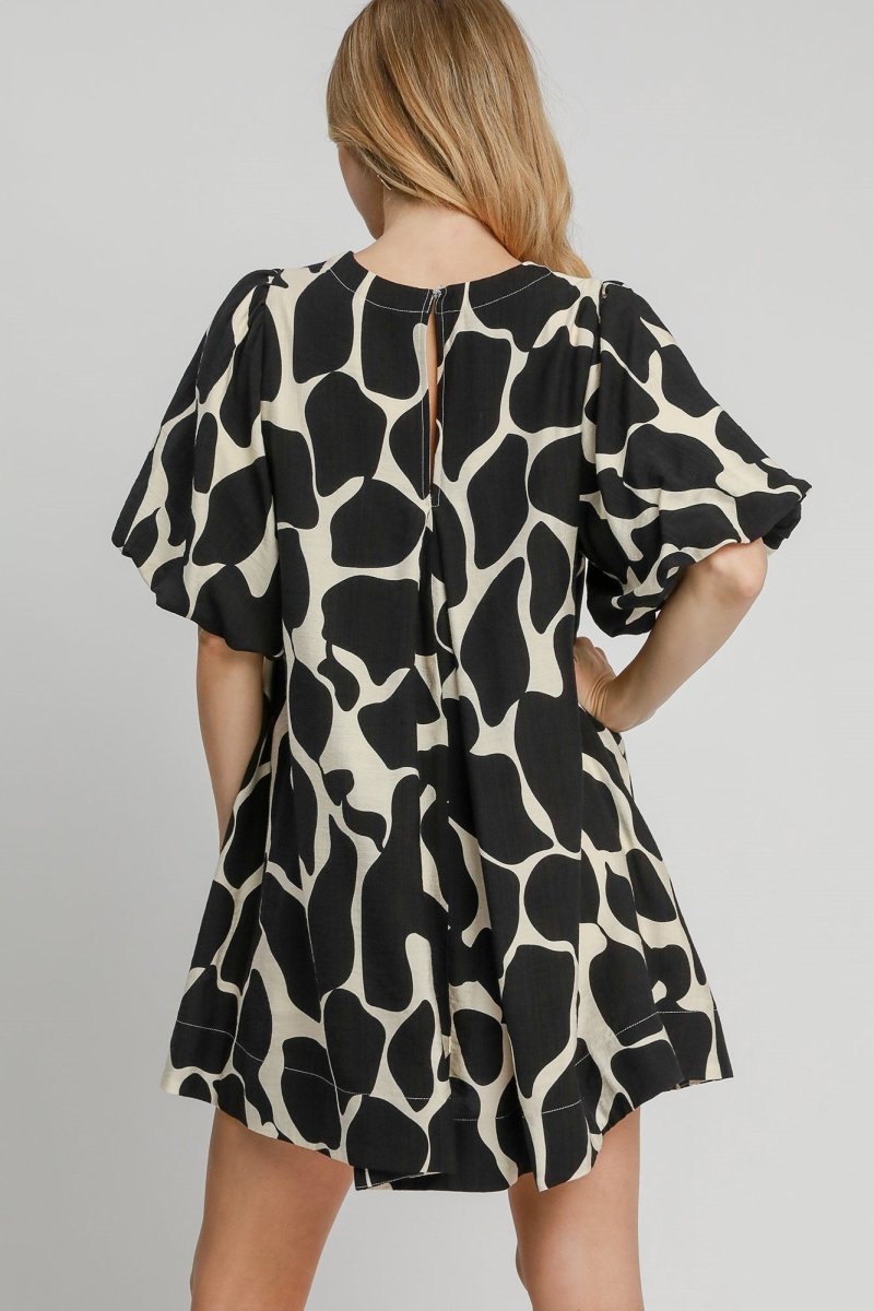 Umgee Full Size Two Tone Abstract Print Puff Sleeve Dress Plus Size - S. M. & Co.