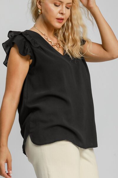 Umgee Full Size V - Neck Double Layered Ruffle Sleeve Blouse Plus Size - S. M. & Co.