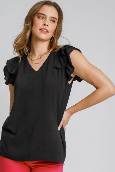 Umgee Full Size V - Neck Double Layered Ruffle Sleeve Blouse Plus Size - S. M. & Co.