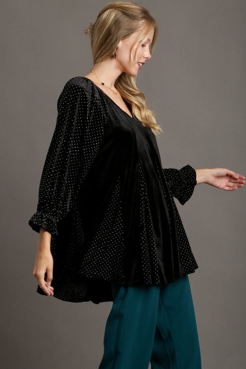 Umgee Godet Hem Polka Dot V - Neck Blouse - S. M. & Co.