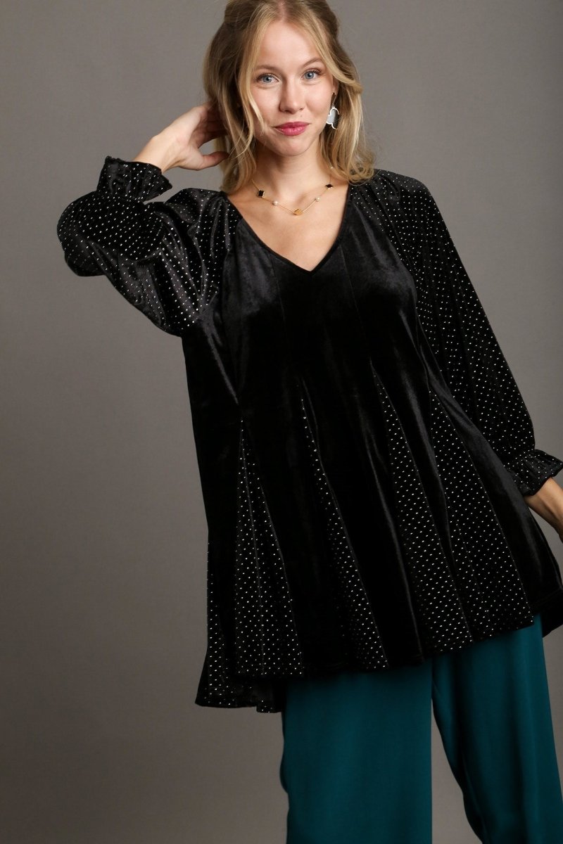 Umgee Godet Hem Polka Dot V - Neck Blouse - S. M. & Co.