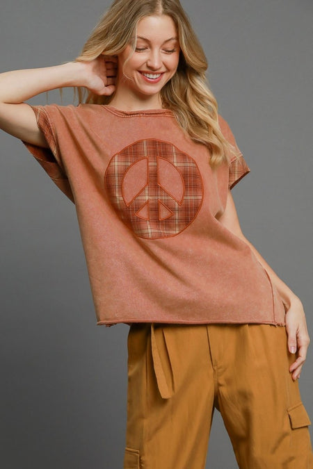 Umgee Peace Applique Round Neck French Terry Top - S. M. & Co.