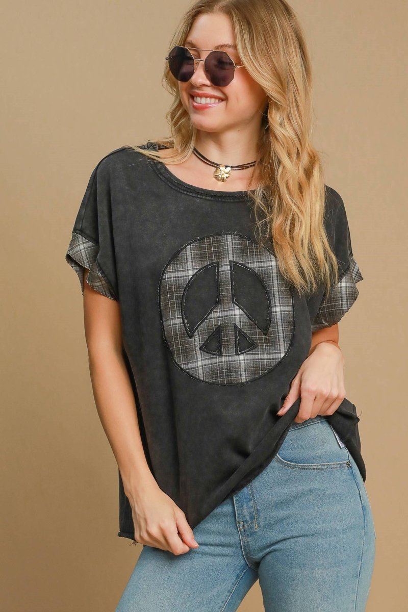 Umgee Peace Applique Round Neck French Terry Top - S. M. & Co.