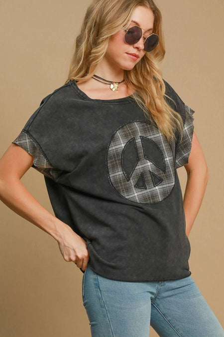 Umgee Peace Applique Round Neck French Terry Top - S. M. & Co.