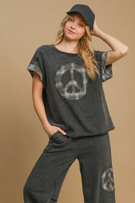 Umgee Peace Applique Round Neck French Terry Top - S. M. & Co.