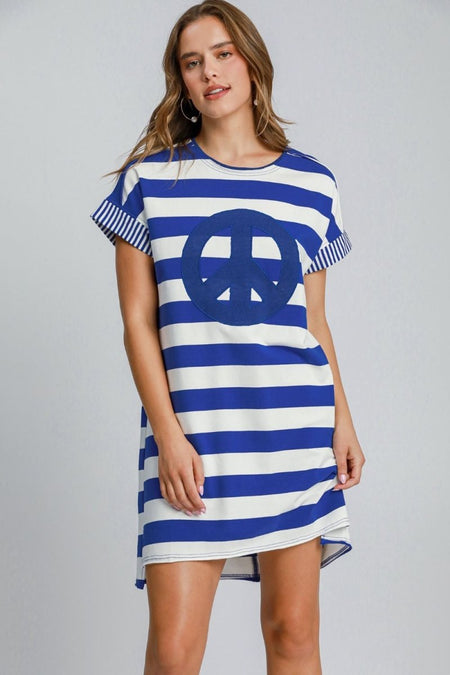 Umgee Peace Applique Striped Short Sleeve Mini Dress - S. M. & Co.