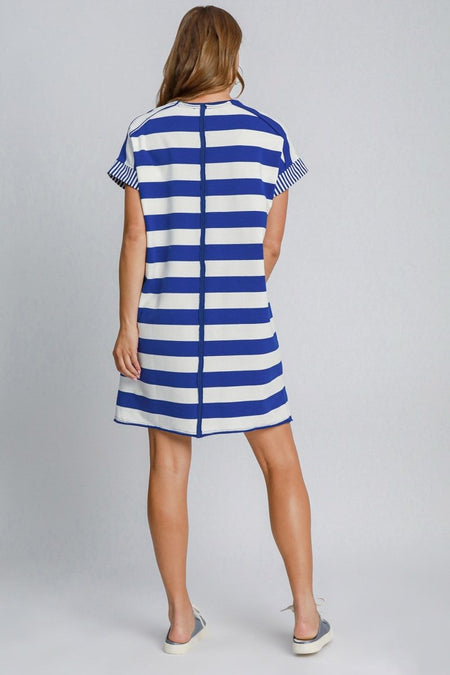 Umgee Peace Applique Striped Short Sleeve Mini Dress - S. M. & Co.